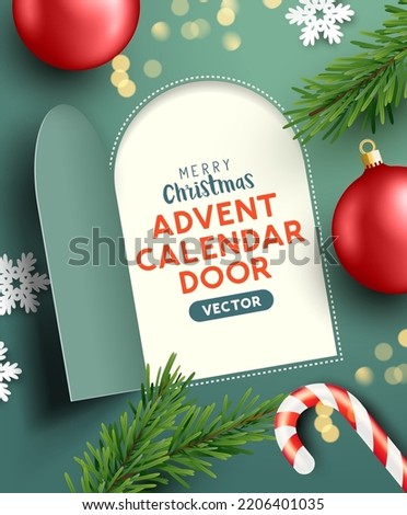 Christmas advent calendar door opening to reveal a festive message. Vector illustration.
