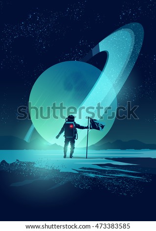 An Astronaut plants a flag on a distant planet set against a gas giant ringed planet. Vector illustration