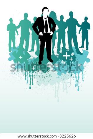 A group of business people with puzzle and positive elements.
