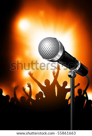 A microphone on stage with an audience of fans in the background. Vector illustration.
