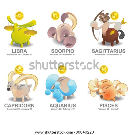 Piggy Bank Of Zodiac Icon Set: Libra, Scorpio, Sagittarius, Capricorn ...
