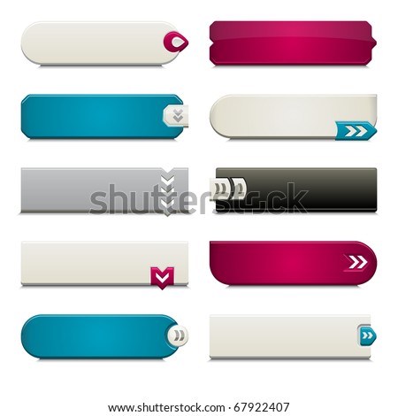 Ten call to action buttons, with different styles and shapes. Made with Global Swatches.