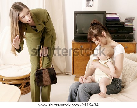 working mother leaving a baby at home with a babysitter