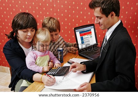 Bank manager with mother and her two children wanting a loan