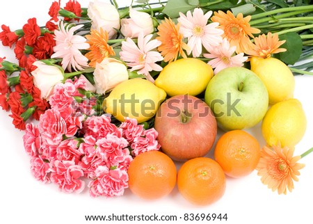 Bouquet and fruits on a white background
