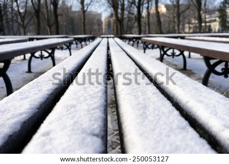 Perspective lines of benches in the park covered with snow in winter