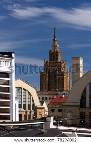 The building of the Academy of Sciences and the market. Riga Latvia