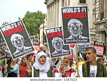 Protest march in London. Anti George Bush banners