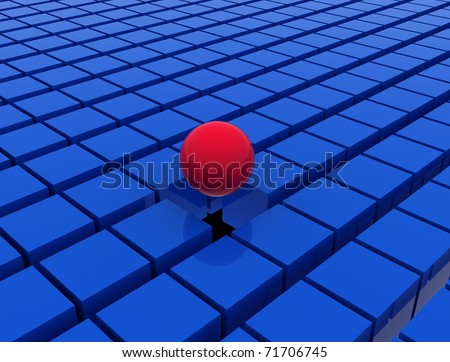 one pink ball and many blue cubes on black floor