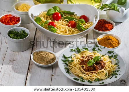 Vegetables, spices, spaghetti and ready-meal