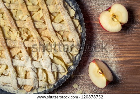 Baked apples and apple cake decorated with icing sugar