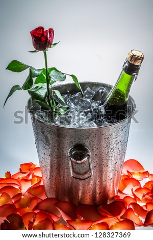 Rose in ice cold with bottle of champagne