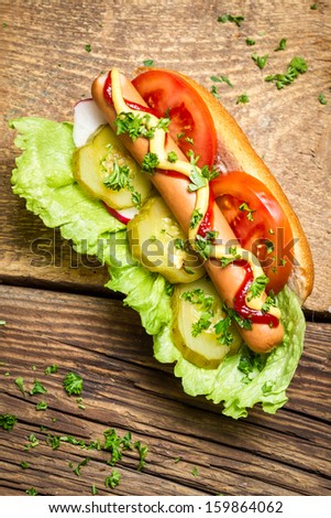 Homemade hot dog with a lot of vegetables