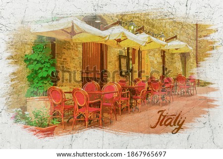 Watercolor painting of small cafe on vintage street in Italy, Europe