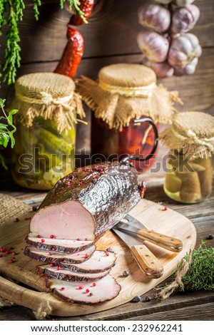 Closeup of fresh smoked ham in pantry