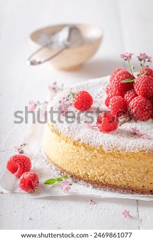 Similar – Image, Stock Photo Sliced cheesecake made with matcha.  Healthy green dessert