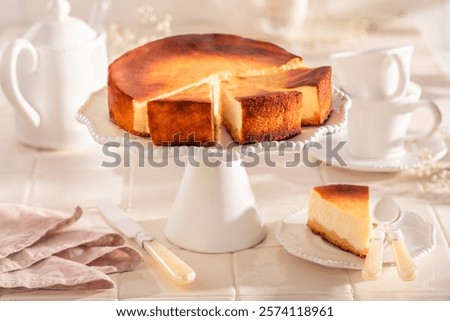 Similar – Image, Stock Photo Sliced cheesecake made with matcha.  Healthy green dessert