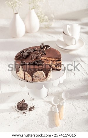 Similar – Image, Stock Photo Sliced cheesecake made with matcha.  Healthy green dessert