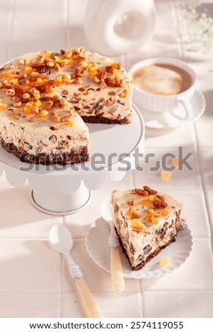 Similar – Image, Stock Photo Sliced cheesecake made with matcha.  Healthy green dessert