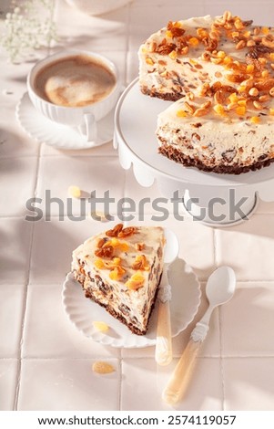 Similar – Image, Stock Photo Sliced cheesecake made with matcha.  Healthy green dessert