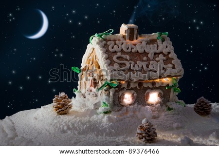 Snowy gingerbread home and moon at night in winter