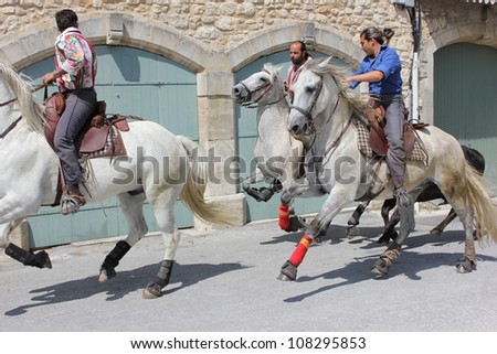 BLAUZAC, FRANCE - JUL 15: Herd of horses runs from the bulls in a street of Blauzac during village traditional summer festival on July 15, 2012 in Blauzac, Gard France. A festival called abrivado.