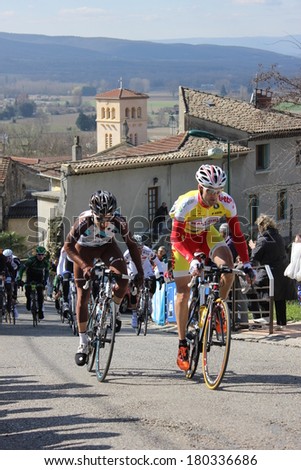 ALLEX, FRANCE - MAR 02: Sebastien Delfosse and Axel Domont riding La Classic Drome UCI Europe Tour Pro Race on March 02, 2014 in Allex Hill, Drome, France. Romain Bardet won the race.