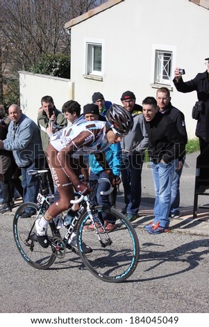 ALLEX, FRANCE - MAR 02: Axel Domont riding La Classic Drome UCI Europe Tour Pro Race on March 02, 2014 in Allex Hill, Drome, France. Romain Bardet won the race.