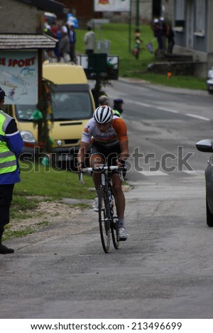 LELEX, FRANCE - AUG 15: Bert-Jan Lindeman riding Le Tour de l\'Ain UCI Europe Tour Pro Race on August 15, 2014 in Lelex, Monts du Jura, Ain, France. Bert-Jan Lindeman won the race.