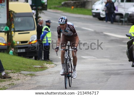 LELEX, FRANCE - AUG 15: Romain Bardet riding Le Tour de l\'Ain UCI Europe Tour Pro Race on August 15, 2014 in Lelex, Monts du Jura, Ain, France. Bert-Jan Lindeman won the race.