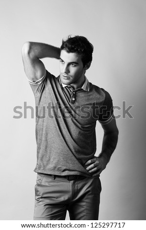 sexy male model. Black-and-white photo.