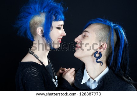 alternative couple with blue hair, the punks