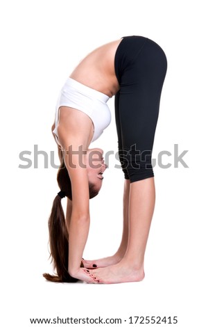 woman in a traditional yoga pose on white background