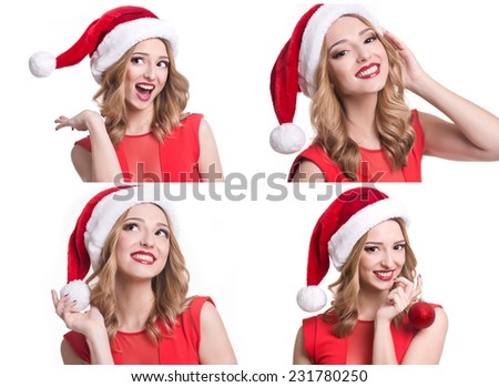 Set of woman wearing santa clause costume. christmas, x-mas, winter, happiness concept - smiling woman in santa helper hat with many gift boxes.