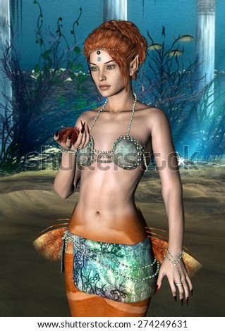 3D digital render of a beautiful fantasy mermaid on a blue ocean background