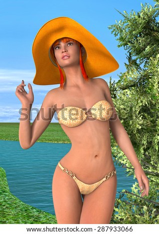 3D digital render of a beautiful young woman wearing a swimming costume on a green meadow, a blue sky and a lake background