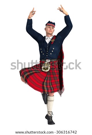 3D digital render of a highlander wearing a scottish kilt dancing isolated on white background