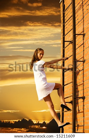 girl on fire climbs stairs
