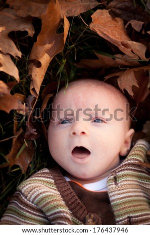 Adorable baby newborn boy surrounded by fall leaves with mouth open