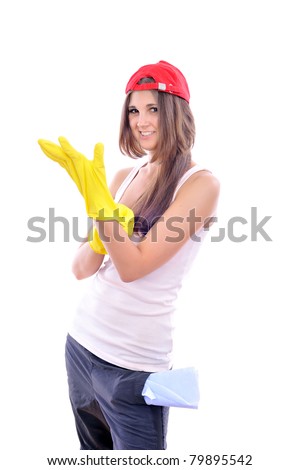 attractive beautiful young woman in casual clothes, a yellow rubber gloves, holding a rag to clean and spray, pretty young cleaning woman belonging to the Caucasoid race ,isolated over white