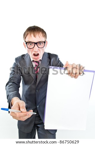 young crazy guy with the documents and pen in hand, isolated over white