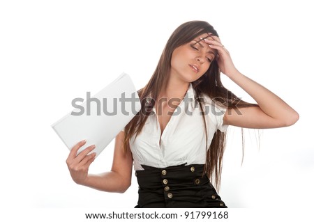 Attractive caucasian young business  woman bad feeling headache with documents, white background studio shot of tired business woman with paper on white background