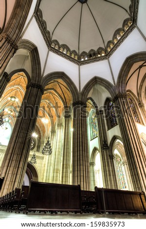 SAO PAULO, BRAZIL - OCTOBER 4, 2013: Inside view of Se Metropolitan Cathedral. Constructed in 1913 in Neo Gothic Style, Se is the cathedral of the Roman Catholic Archdiocese of Sao Paulo, Brazil.