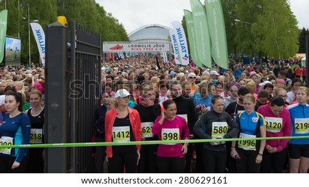 TALLINN, ESTONIA - MAY 23, 2015: Women in the start line at annual women run competition event that holds in the end of May in Pirita, Tallinn, Estonia.