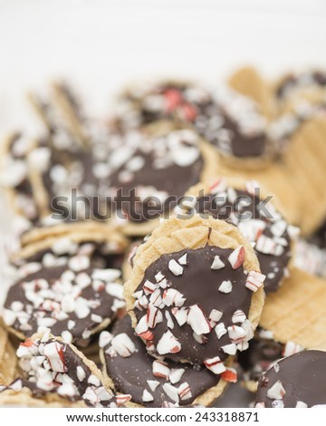 A pile of delicious peppermint chocolate cookies wafers.