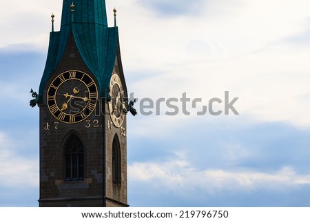 Zurich landmarks: the St. Peter Church, the Lady Minster (German: Fraumunster)