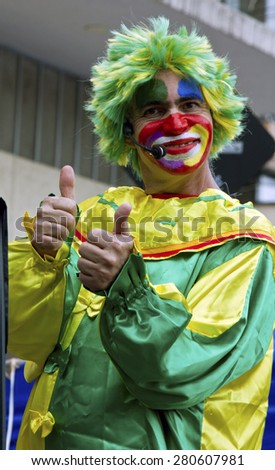 SAO PAULO, BRAZIL - MAY 17, 2015: An unidentified clown at street fair market in Sao Paulo.
