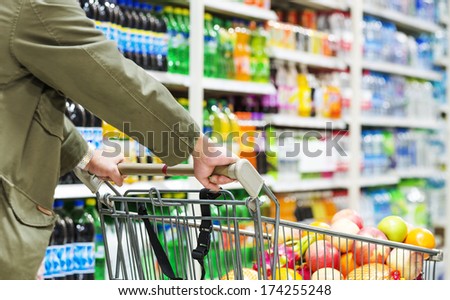 man pushing a shopping cart in the supermarket.
