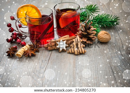 Hot wine for winter and Christmas with orange and spices