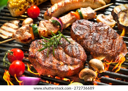 Assorted Delicious Grilled Meat With Vegetable Over The Coals On A ...